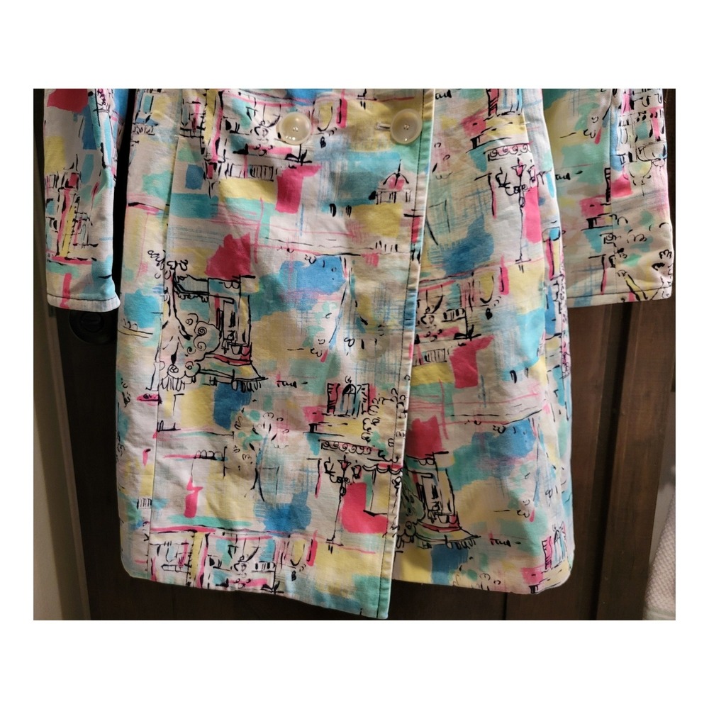 i.e. Womens Abstract Cityscape Print Cotton Trench Coat Pastel Double Breasted S - Picture 4 of 12